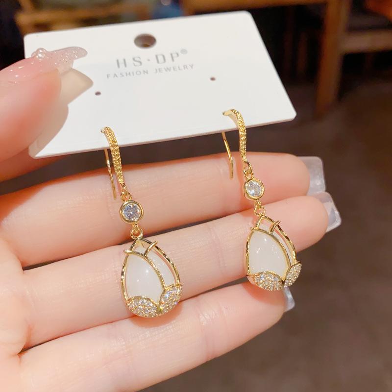 Micro Inlaid Cat Eye Stone Tulip Hook Earrings Fashion Niche Luxury Jewelry For Women