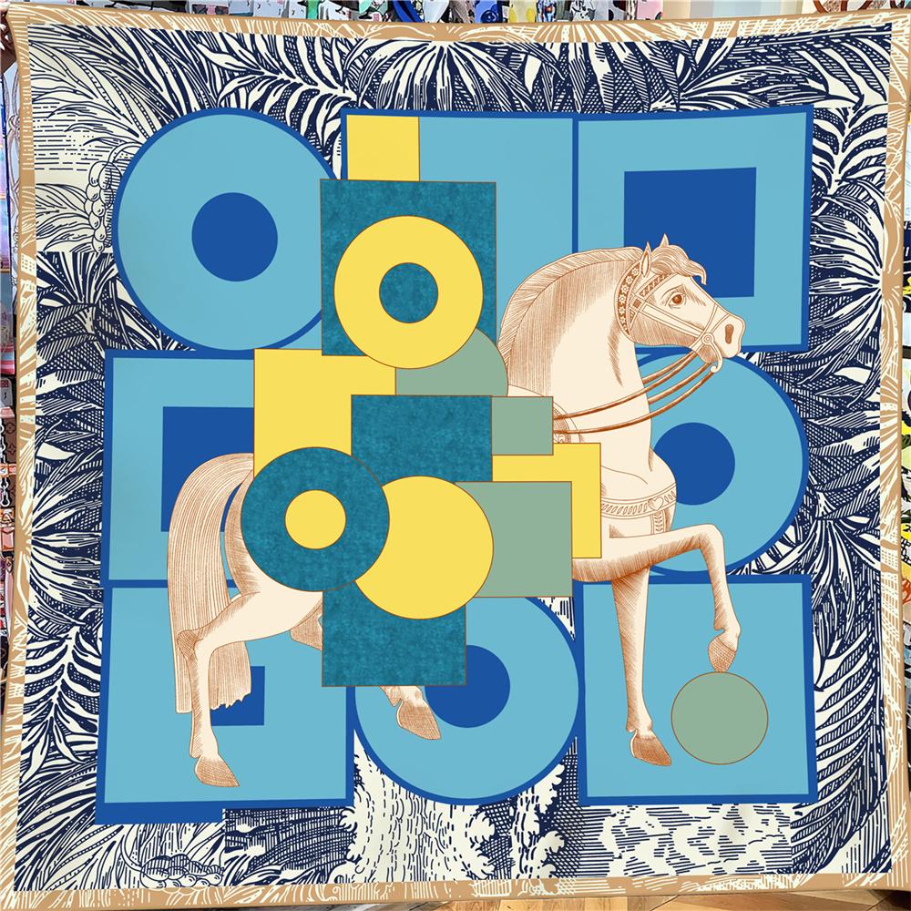 

POBING 30% Silk 70% Cashmere Scarf Women Hand Rolled Horse Print Square Scarves Wraps Bandana Big Hijabs Female Foulard 135CM 135CM x 135CM