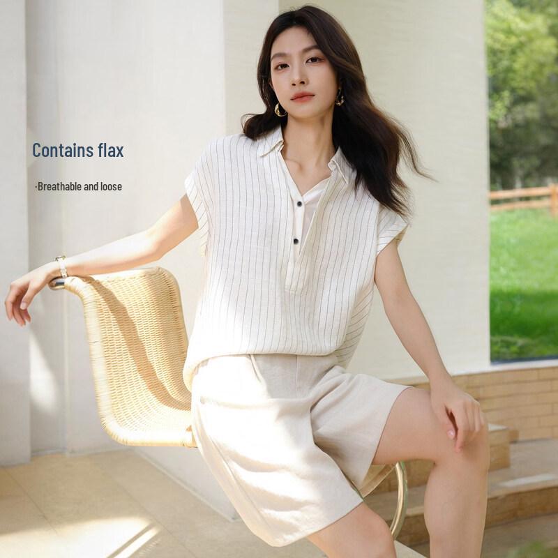 IHIMI Tencel Linen Striped Shirt & Shorts Set L