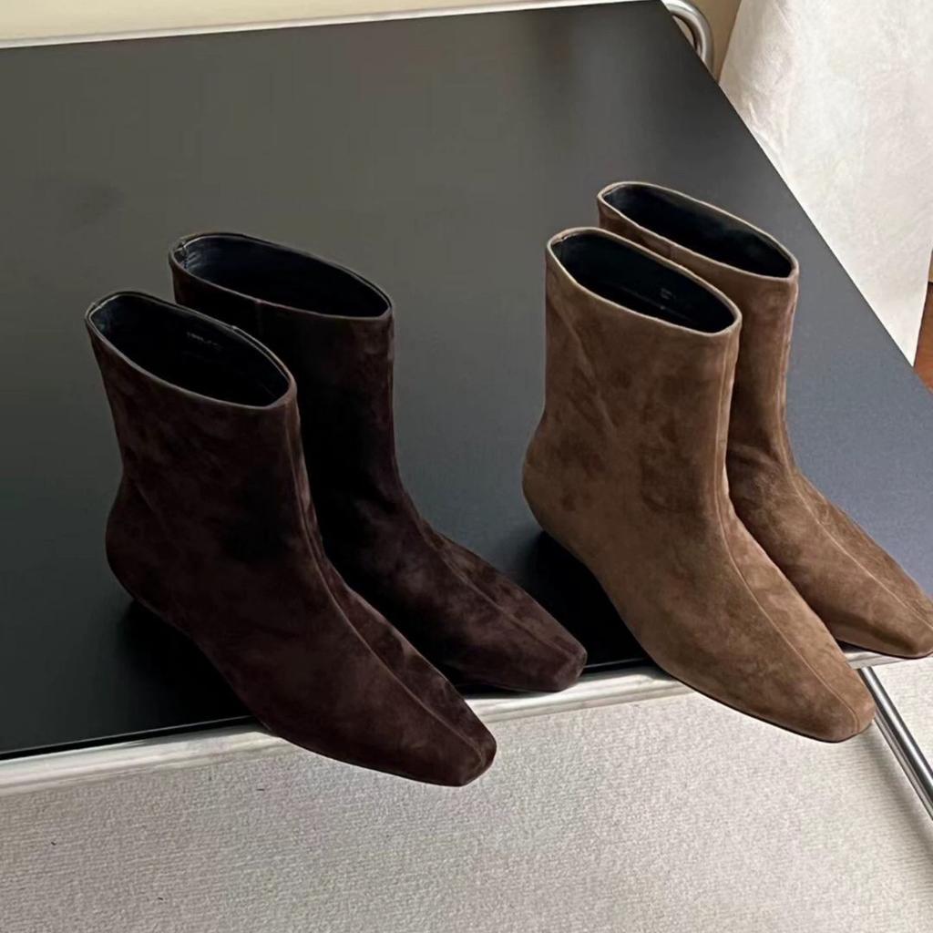 Sheepskin Version~ Retro Suede Square Head Small Slope Heel Flat Bottom Thin Boots Short Boots Women's 2025 New Versatile Cowboy Boots