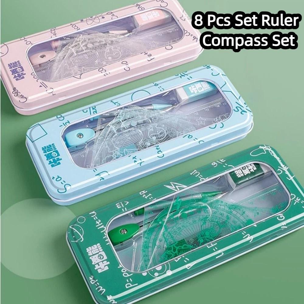 8Pcs/Set Multifunctional Math Geometry Set 0.7mm Erasergraphite Lead Triangle Ruler Ruler Compass Set Straight Ruler