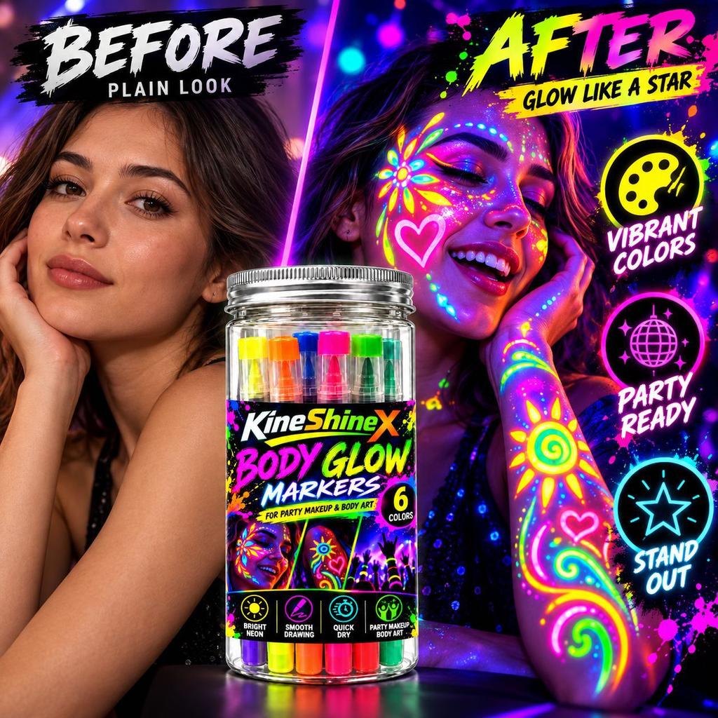 Fluorescent Body Paint Markers Set, 6 Color Neon Face Paint Pens for Party Makeup, Glow Under UV Light, Smooth Drawing Quick Dry