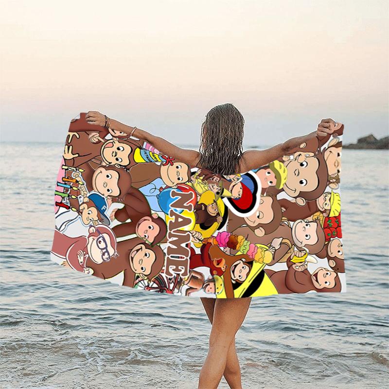 1pc Curious George1 Beach Towel with Custom Name, Beach/Swimming/Bath/Picnic/Camping Towel, Suitable for Seaside Beaches