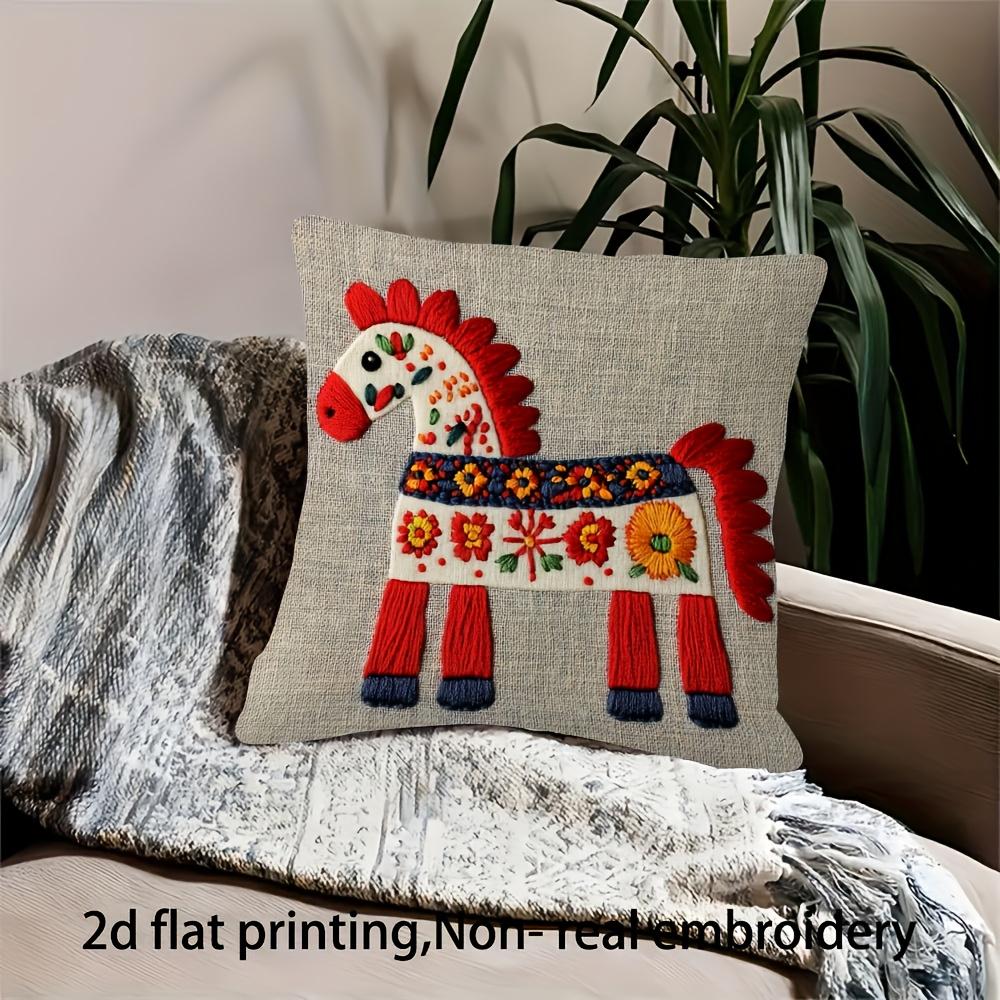2D flat- Bohemian Folk Art Horse Print Linen Throw Pillow Cover Home Decor Cushion Case for Sofa Couch Bedroom
