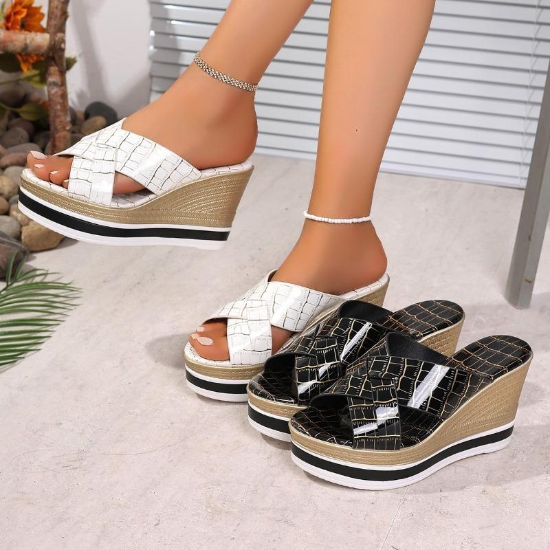Fashion High Heel Slippers Summer New Round Head Open Toe Cross with Waterproof Platform Anti-slip Wear-resistant Wedge Heels