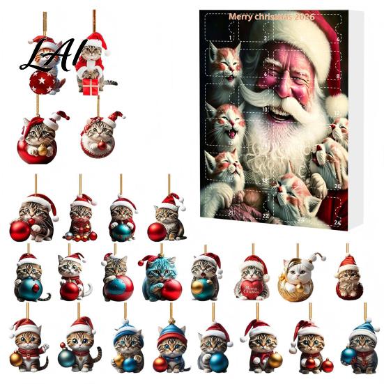 Christmas Tree Ornament Set Cat Advent Calendar 24 Days Countdown Cute 2D Kitten Holiday Car Rearview Mirror Decor Ornaments for Party Decor