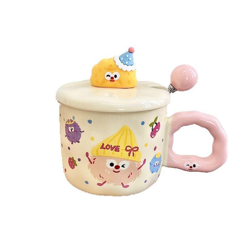 Cute Coal Ball Mug With Lid Spoon High Value Girl Heart Cup Ceramic Couple Water Cup Girl Birthday Gift