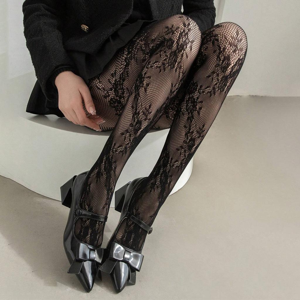 Women Sexy Brown Hollow Out Mesh Thigh High Socks Lolita Long Socks New Floral Pattern Coffee Fishnet Stockings with Suspender
