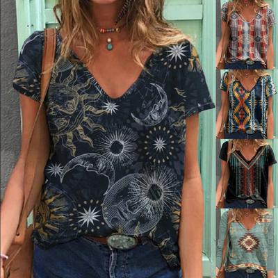 Mode Frühling Retro Print Blusen Kurzarm V-Ausschnitt T-Shirts Lässig