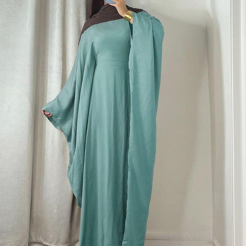 

New Arrival Middle East Pure Color round Neck Waist Trimming Bat Sleeve Dress Solid Color Bat Sleeve Dress Green 1 yard