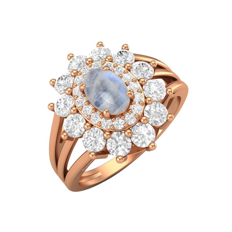 6X4MM Oval Moonstone Gemstone 925 Sterling Silver Rose Plated Halo Split Shank Ring
