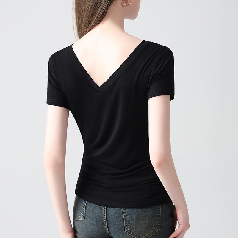 Short-sleeved T-shirt for Women In Summer New European Women's Solid Color T-shirt Temperament Deep V Backless Waist Top