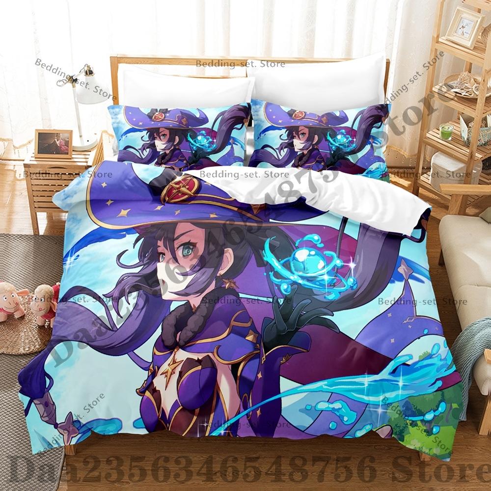 Game Genshin Impact Mona Bedding Set Kawaii Three Piece Set Bed Set Adult Bedroom Duvetcover Sets Anime Bed Sheet Set