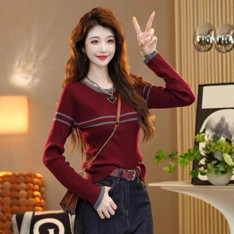 Red Contrasting Striped Long-sleeved Knitted Sweater Autumn New Slim-fitting and Thin Versatile Top