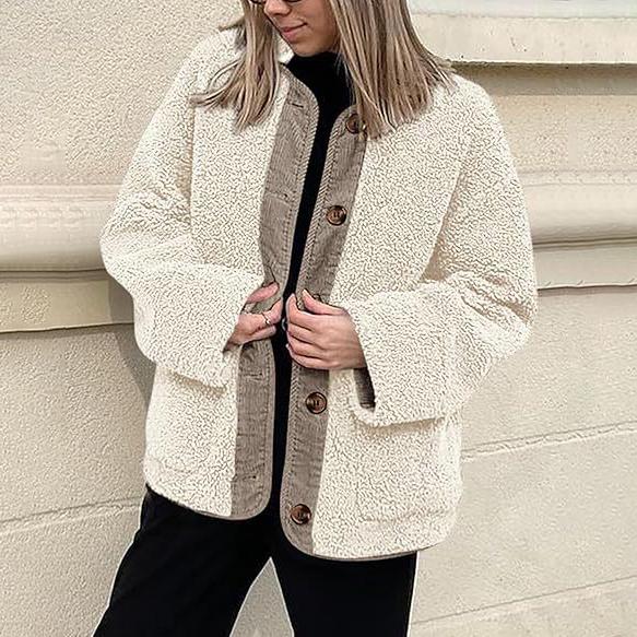 Women's Warm Winter Coat Collarless Casual Long Sleeve Button Plush Lamb Suede Jacket Coat