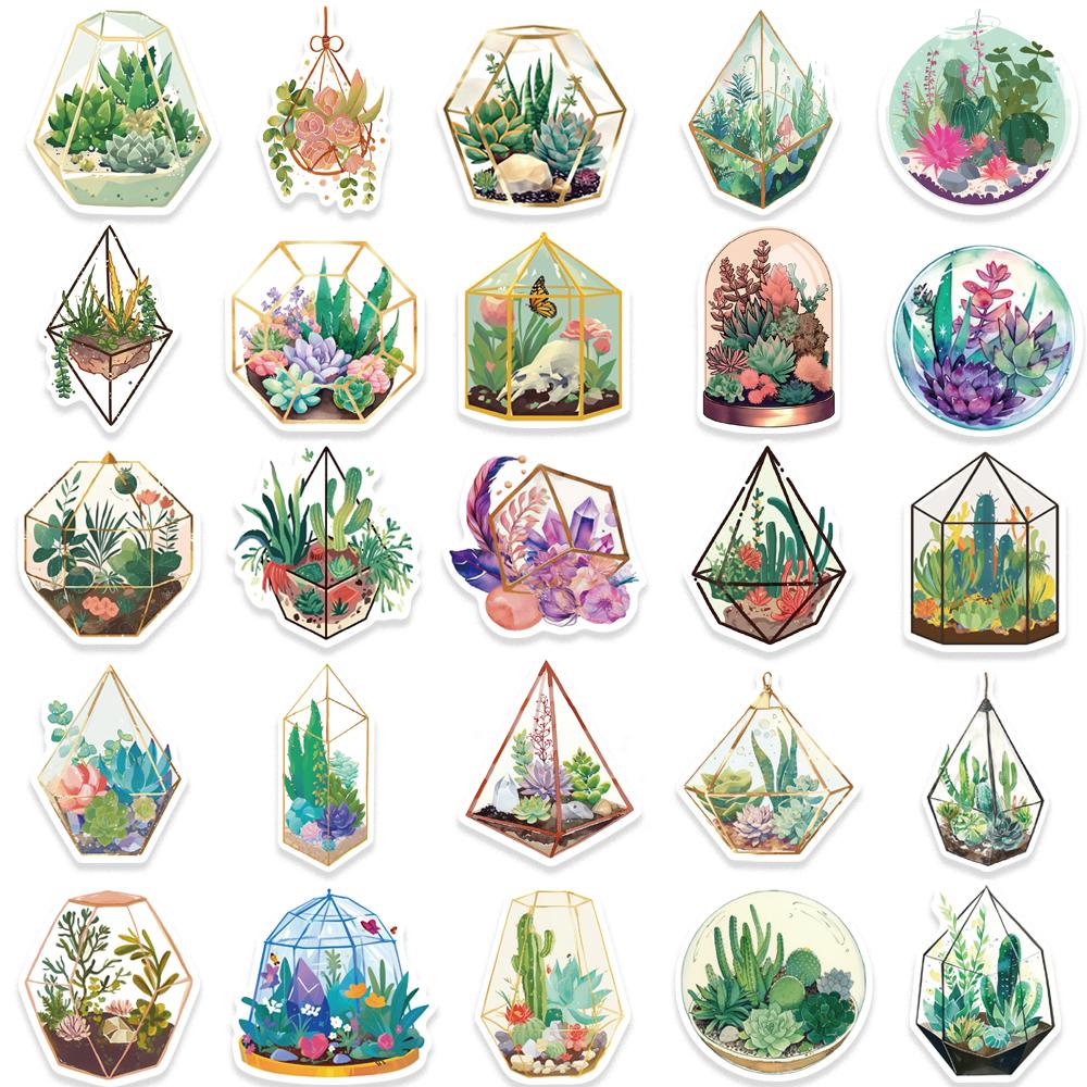 10/50pcs Cute Green Glasshouse Stickers Waterproof DIY Flower Plant Sticker Pack for Watercup Laptop Scrapbook Notebook Diary Stickers