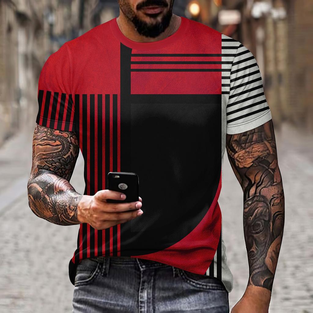 New Men's T-shirt Casual Short Sleeved Simple 3D Line Splicing Polyester Summer Round Neck Pullover Personalized Sports Top