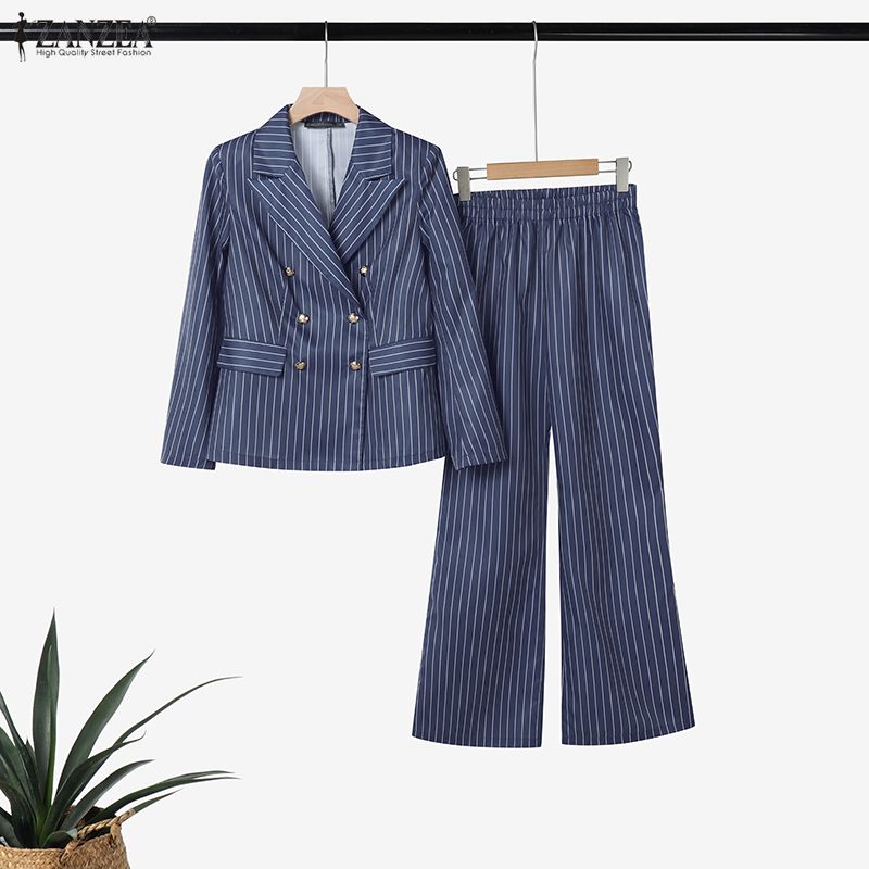 ZANZEA Women Casual Blazer and Pants Stripe Print Two Piece Suit Sets