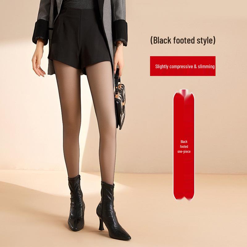 Double-Layer Fleece-Lined Black Stockings: Sheer Nude Button-Style Leggings for Autumn/Winter Women