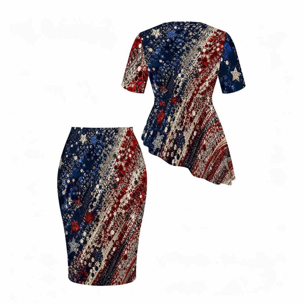 Women Plus Size Tropical Leaf Printed Two Piece Skirt Set Round Neck Short Sleeve Asymmetric Top Fitted Skirt