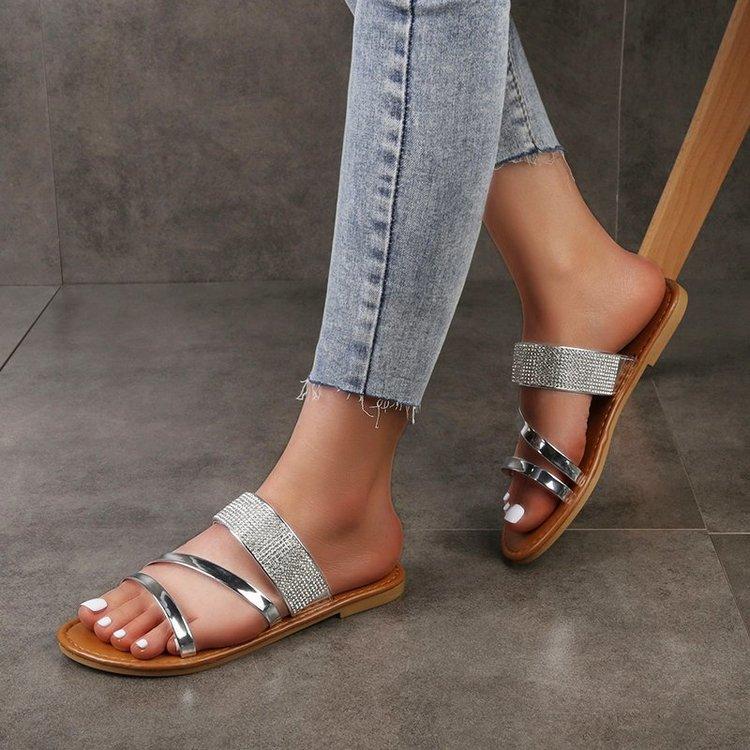 Large Size One-word Cool Slippers Women's Fashion Rhinestone Outdoor Breathable Rhinestone Casual Sandals