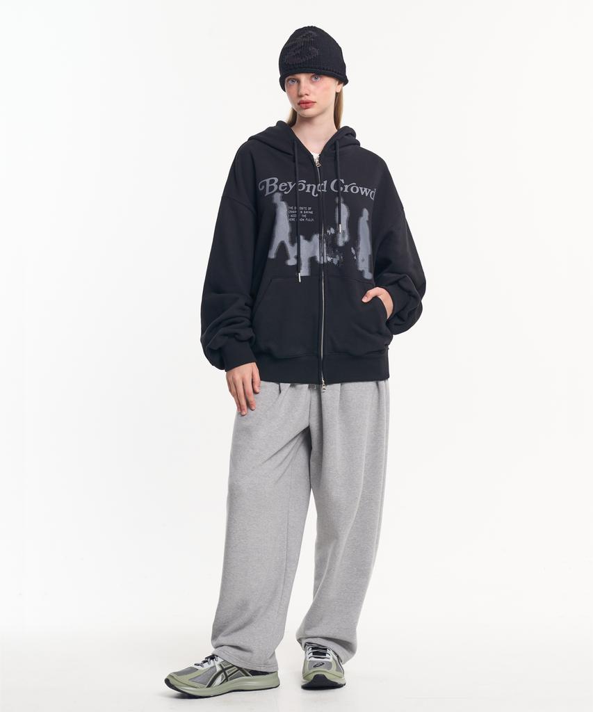 Moo Graphic Balloon Over Zip-Up Hoodie - Black