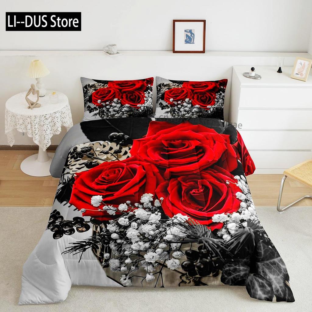 Roses Bedding Set Duvet Cover for Girls Women Couple Lover Romantic Comforter Cover Valentine's Day Bedroom Decor Quilt Cover