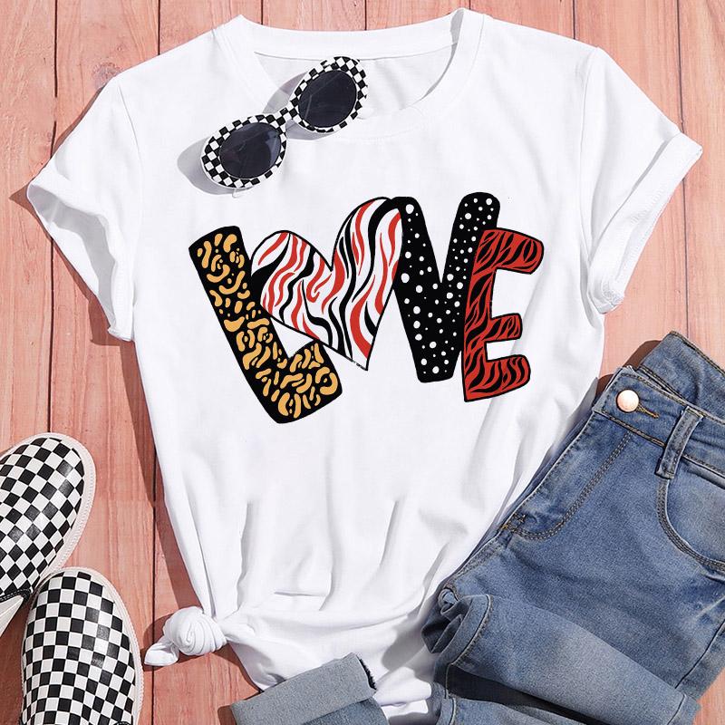 Sportswear Feminine Short Sleeve White Tshirt Clothes Heart Graphic Print T-Shirt Leisure Summer O-Neck Oversized Top Popular T