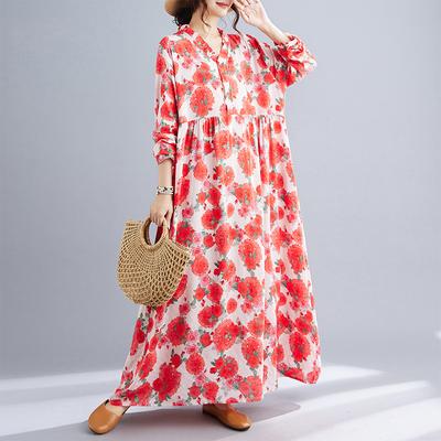 Früher Herbst Böhmisch Retro Baumwolle Leinen Druck Locker Ärmelloses Langes Kleid für Frauen Kleider