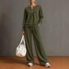 Women's 2 Piece Outfit Notch V Neck Henley Top and Wide Leg Pants Set Casual Solid Color Loungewear