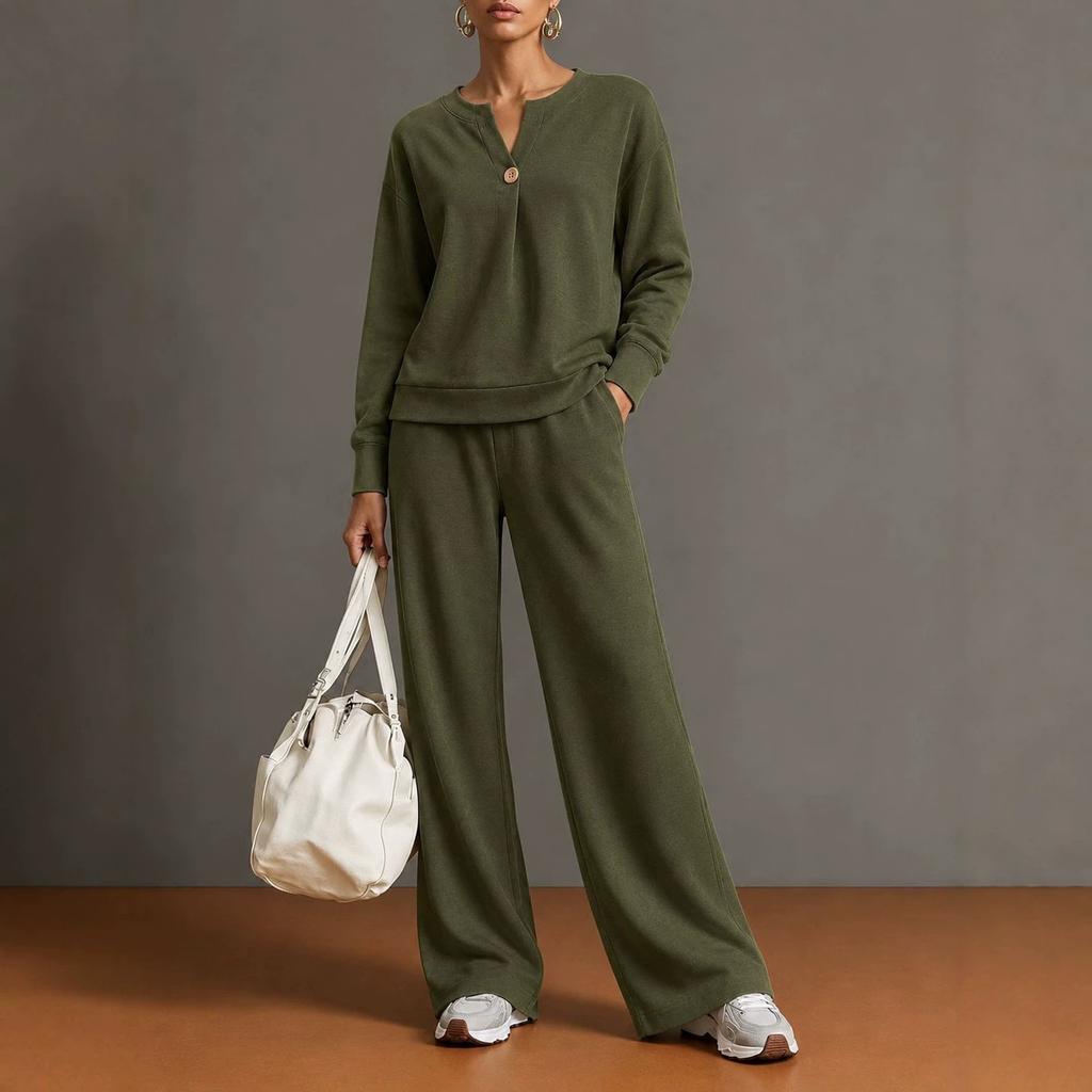Women's 2 Piece Outfit Notch V Neck Henley Top and Wide Leg Pants Set Casual Solid Color Loungewear