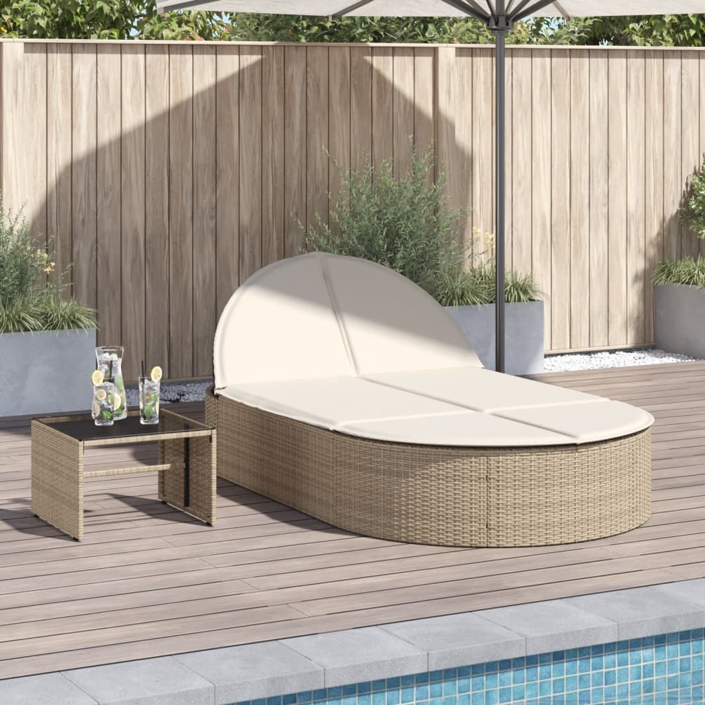 Double Sun Lounger with Cushions Beige Poly Rattan