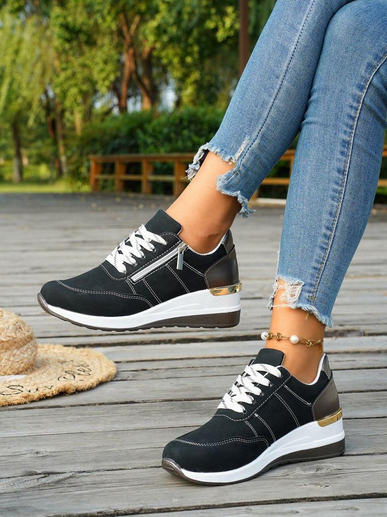 European & American Wedge Heel Fashion Sneakers: Versatile, Plus-Size, Color Block, Thick Sole Casual Shoes for Women