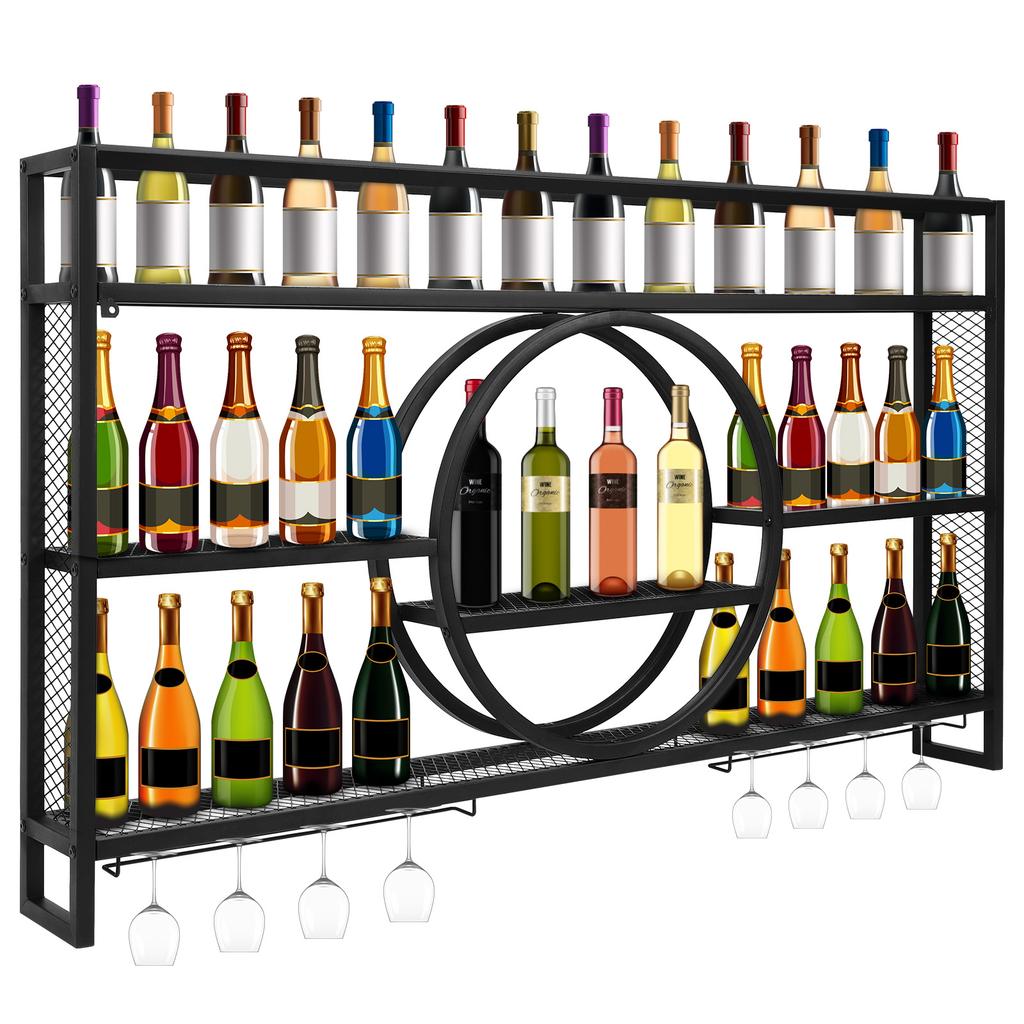 Bar Liquor Bottle Display Shelf with LED Light Wine Glass Holder Wall-Mounted Floating Wall Wine Bracket For Home Kitchen