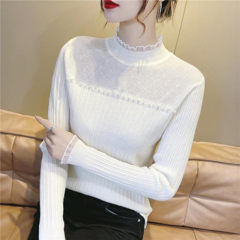 

Autumn and Winter New Lace Inner Semi-turtleneck Sweater Women s Clothing Slim-fitting and Thin Versatile Warm Knitted Bottoming Shirt one size fits all белый