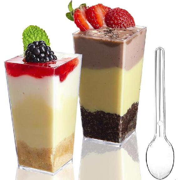 TOFLEN 50 Pack 3 oz Square Mini Dessert Cups with Spoons Clear Plastic Dessert Shooter Cups for for Party, Yogurt, Parfait, Cheesecake, Pudding, 50 cups + 50 spoons