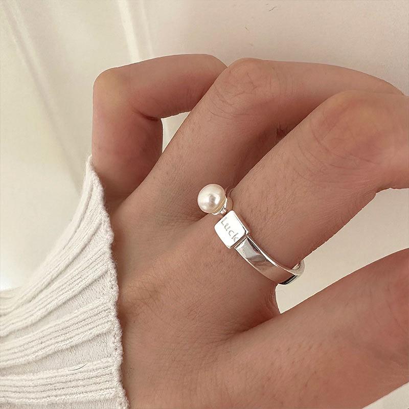 Xiaomi 925 Sterling Silver Geometric Letter Pearl Rings For Women Men Simple Korean Fashion Open Adjustable Handmade Ring Couple Gifts