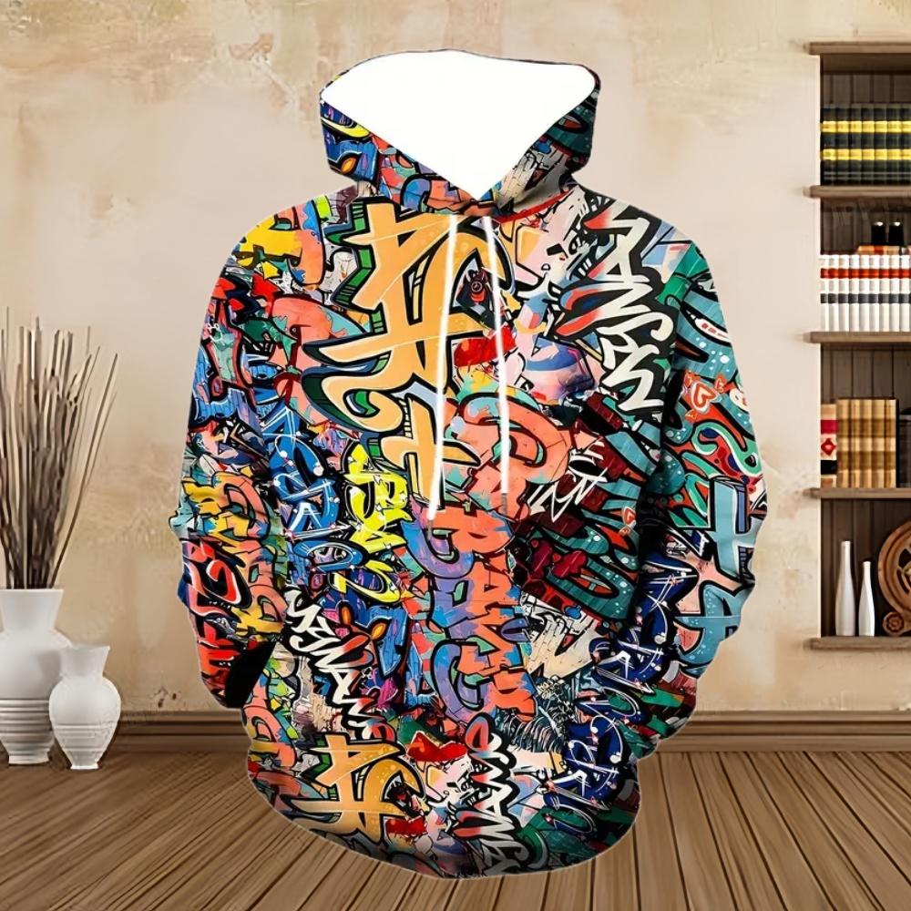 Sudadera con capucha estampada en graffiti flow para hombre, informal, moderna, de manga larga, top deportivo, sudadera con capucha de patrón colorido para hombre urbano