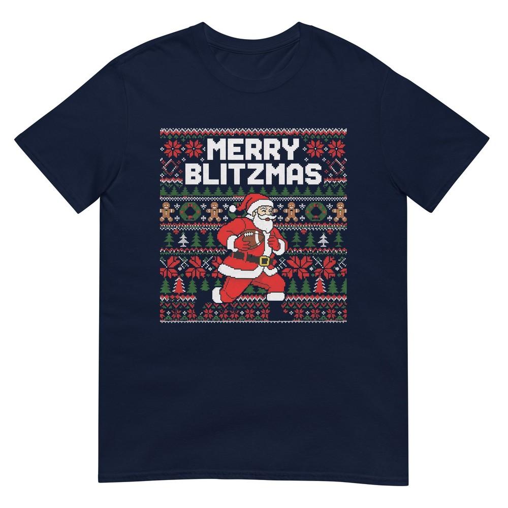 Christmas Merry Blitzmas Santa Football Ugly Sweater Style TShirt S