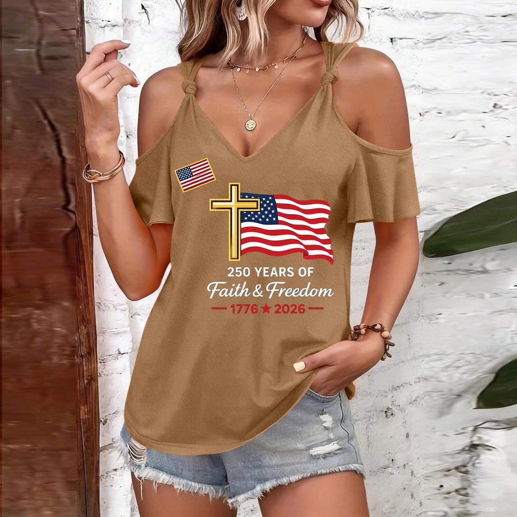 T-shirt décontracté pour femme à manches courtes et épaules dénudées avec imprimé Jour de l'Indépendance, col rond, coupe ample
