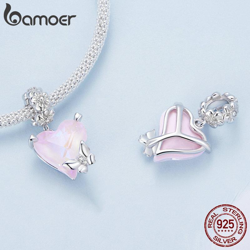 

BAMOER Стерлингового Серебра 925 пробы Сердце Мокко Цвет Стеклянная Бусина Мечтательный Циркон Маленькие Подвески-Бабочки для Женщин Браслет и Ожерелье Ювелирные Изделия DIY 925 silver