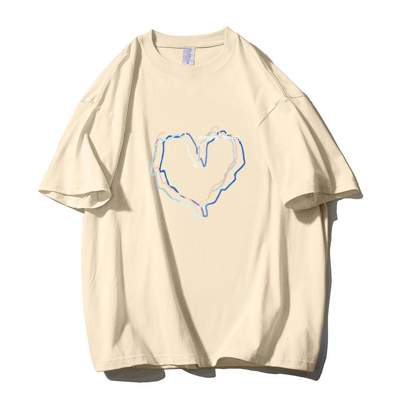 Shellsuning Loose O Neck Cotton Printed Shirts Women Summer Kawaii Heart Graphic Tees Female Casual Short Sleeve Base Black Tops