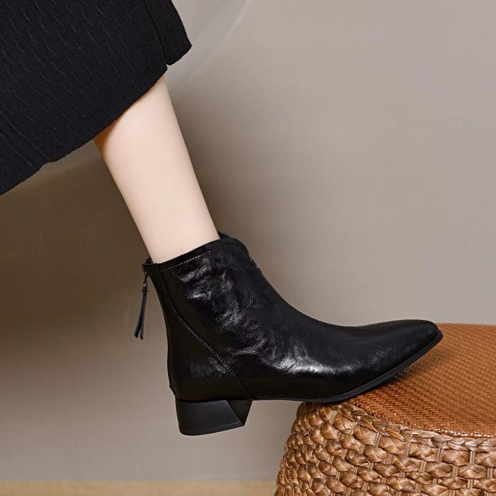 Pointed Short Boots Women's Autumn and Winter New Rear Zipper Low Heel Leather Boots Simple Temperament Fashion Boots Cotton Boots