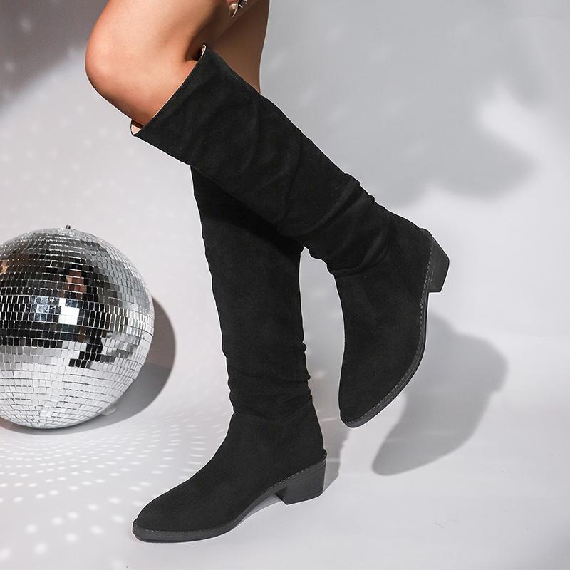 Mode Elegant Böhmisch Damen Quasten Hoher Schaft Stiefel Flock Spitz Zehenbereich Lang Botas Herbst Winter Übergröße 43 Kniehohe Stiefel