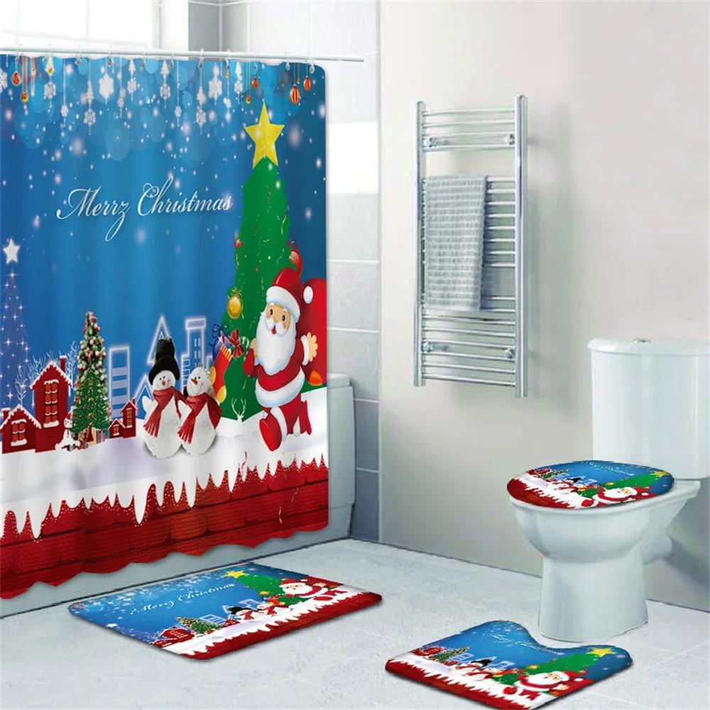 Merry Christmas Cartoon Shower Curtains Washable Fabric Polyester For Bathtub Art Bathroom Decor Partition With Hooks Waterproof