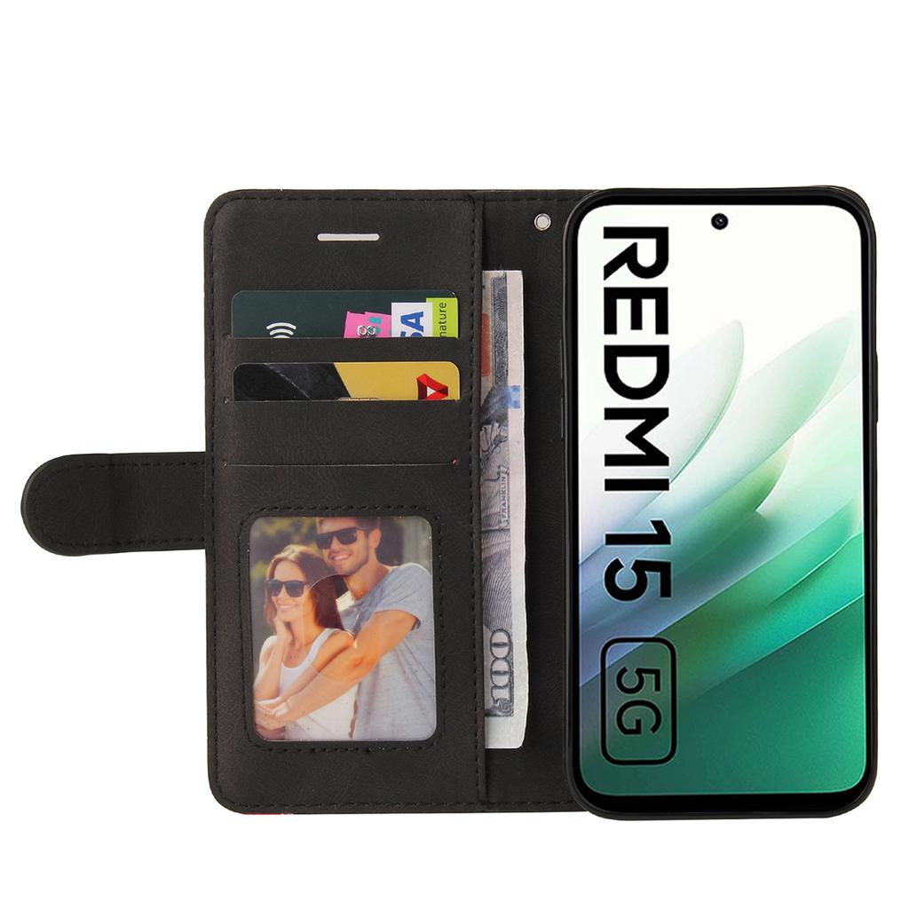 Pro Xiaomi Redmi 15 4G (EU) (171 mm) Kožené pouzdro na telefon Stojan Peněženka s dvoubarevným prošívaným designem