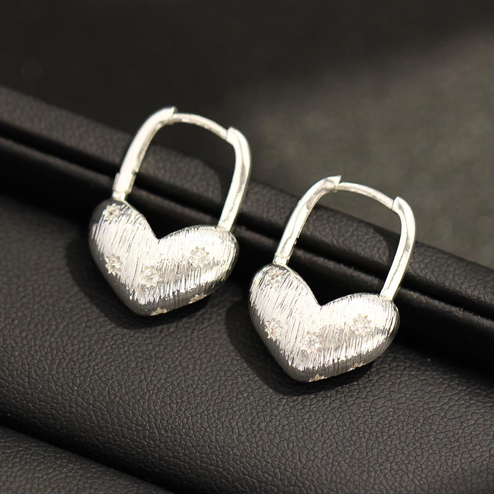 French retro silver brushed love diamond-encrusted ear buckle niche design advanced sense simple personality sweet cool wind earrings