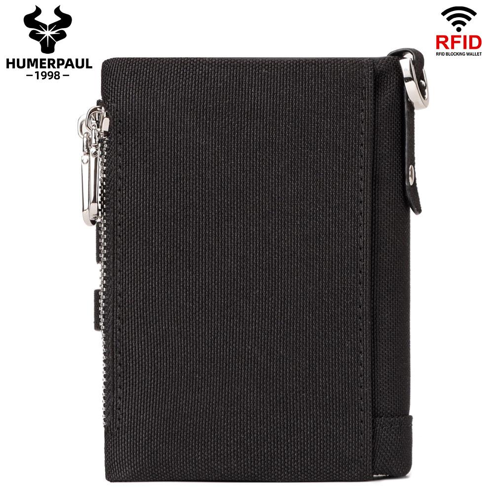 HUMERPAUL Men cowhide wallet Oxford cloth RFID anti-theft credit card bag coin purse with chain wallet with photo window