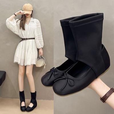 Spring and Summer New Retro Round Toe Bow Ballet Boots Women's Cutout Middle Cylinder Flat Short Cylinder Cold Boots