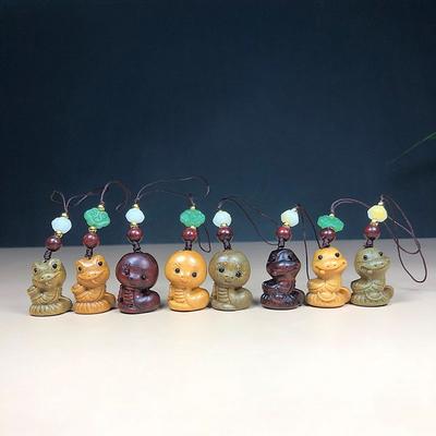 Miniature Wooden Zodiac Snake Figurine Pendant Lovely Animal Sandalwood Carving Snake Ornament DIY Accessories Birthday Gift